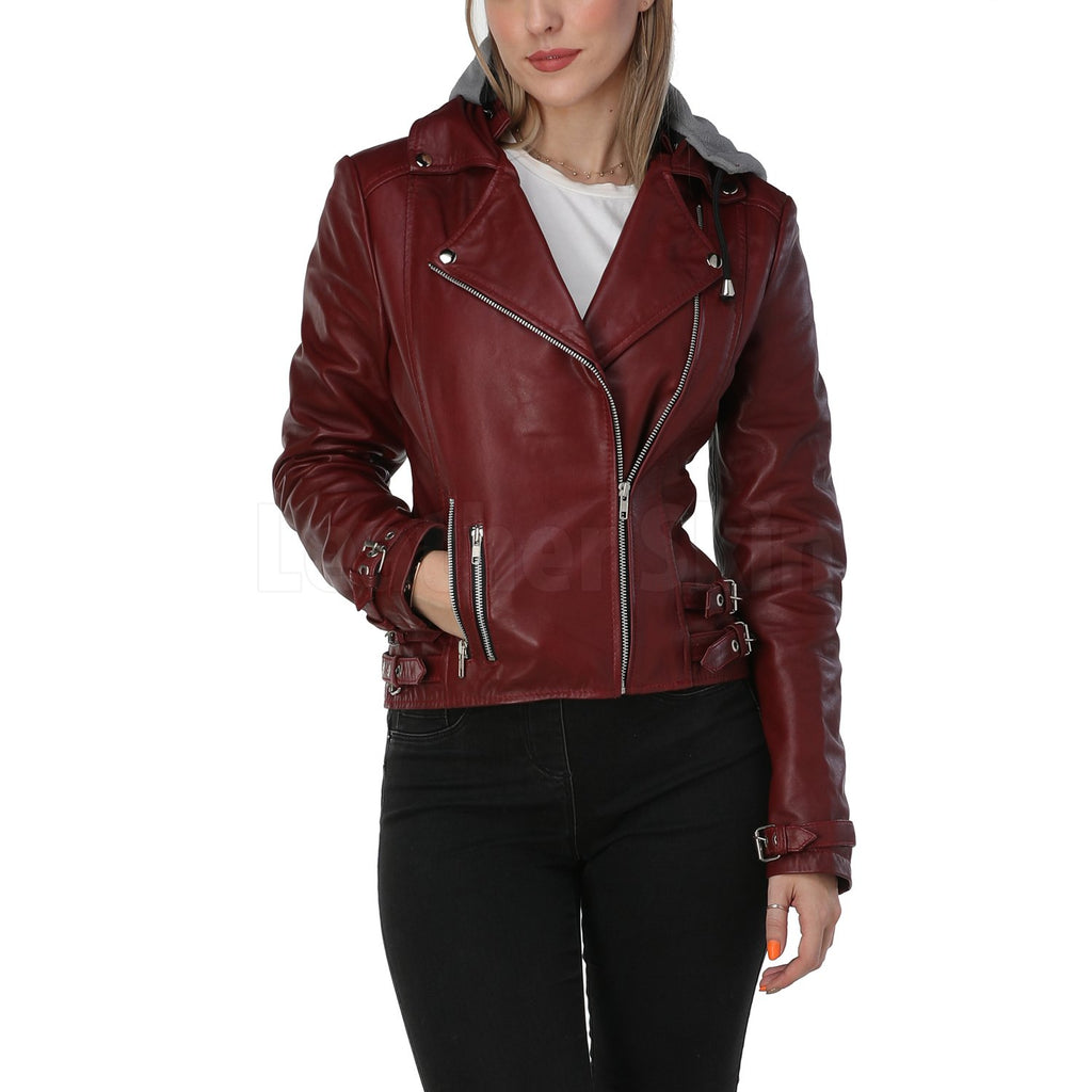 Burgundy Leather Jacket with Gray Hood - Leather Skin Shop