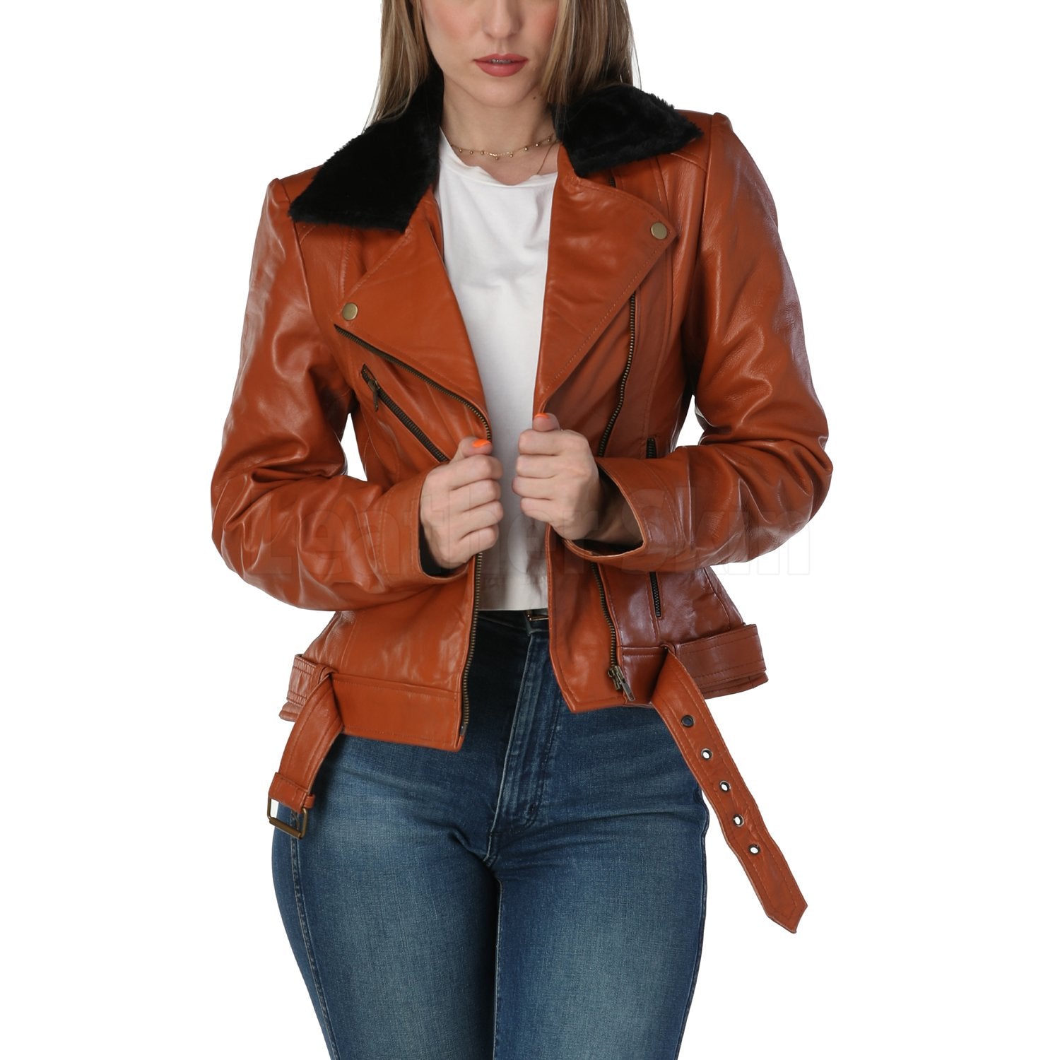 Cognac Brown Leather Jacket with Fur Collar