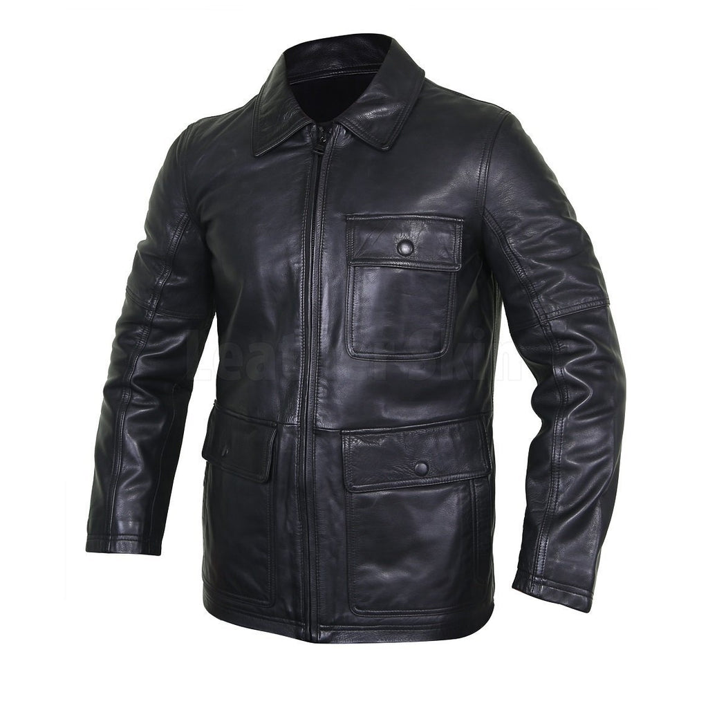 Collared Black Men’s Leather Jacket with Flap Pockets - Leather Skin Shop