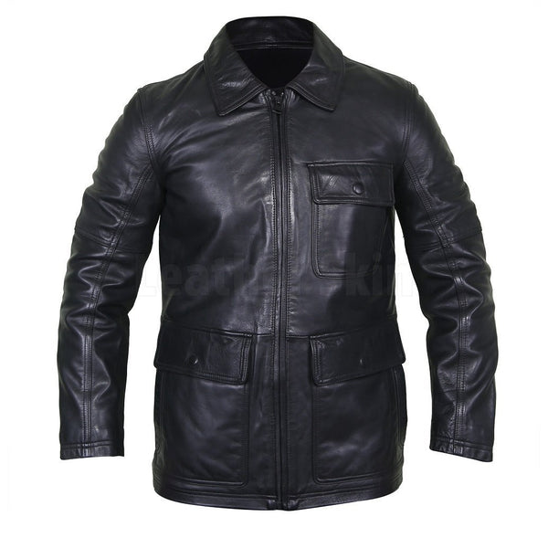 Collared Black Men’s Leather Bomber Jacket with Flap Pockets - Leather ...