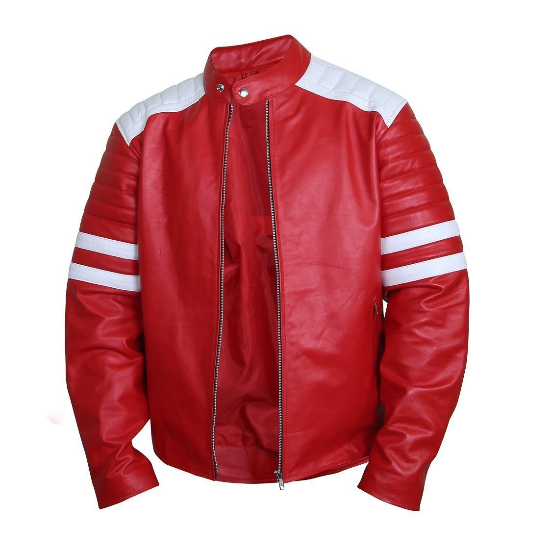 Edgy Crimson Leather Racer Jacket