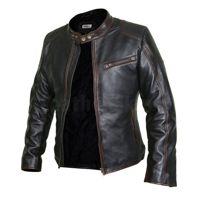 Elegant Black Cafe Racer Leather Jacket with Chocolate Lining - Leather ...