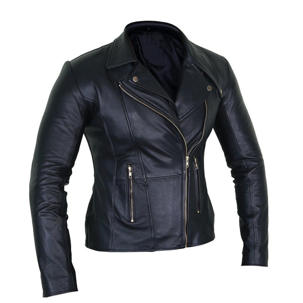 Elegant Black Leather Biker Jacket for Women - Leather Skin Shop