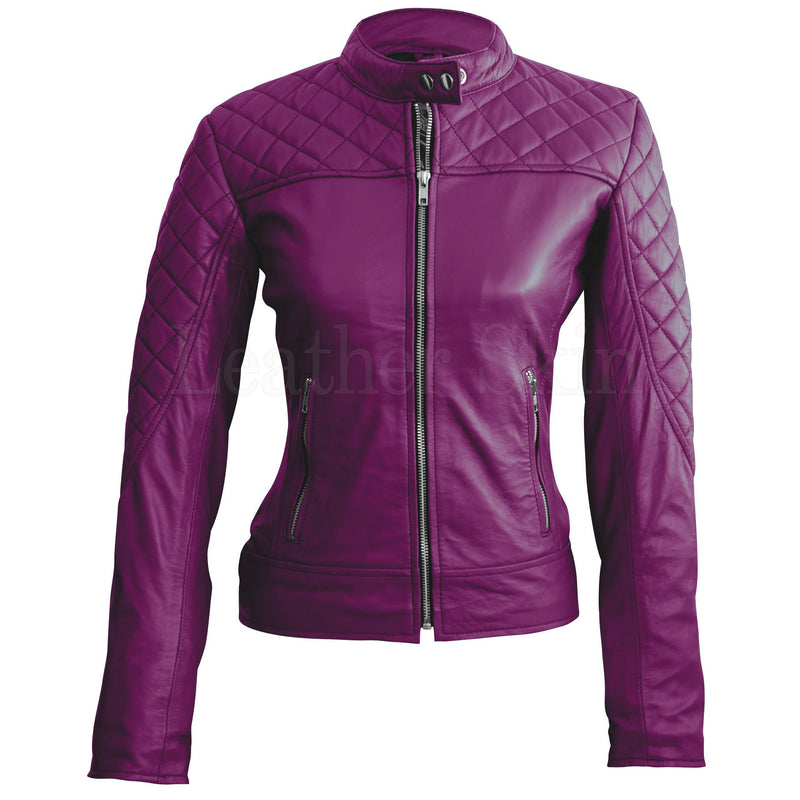 Leather Skin Women Purple Shoulder Quilted Genuine Leather Jacket ...
