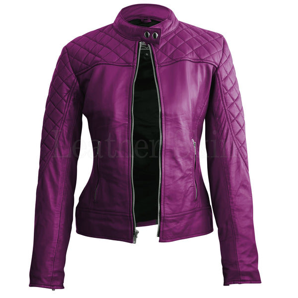 Leather Skin Women Purple Shoulder Quilted Genuine Leather Jacket ...