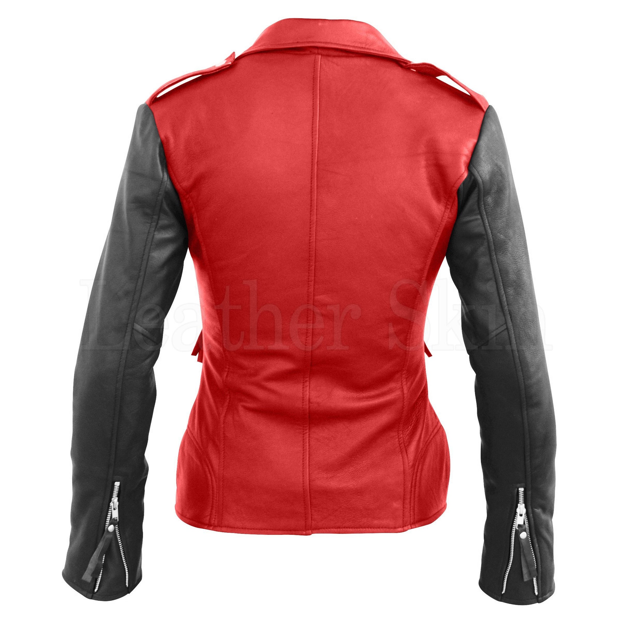 Leather Skin Women Red Brando Genuine Leather Jacket with Black Sleeve ...