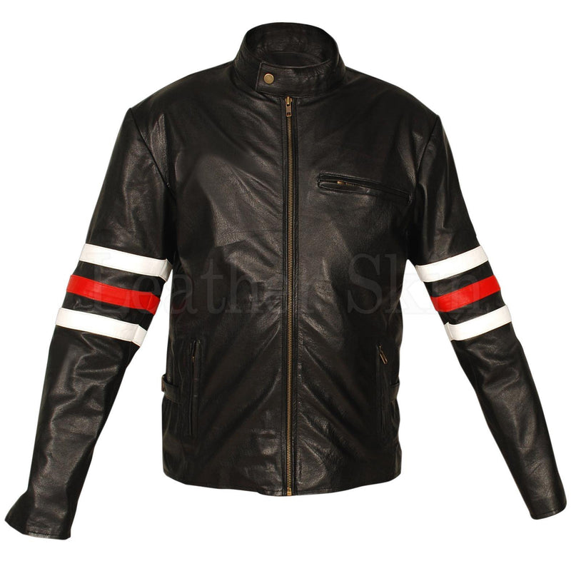 Leather Skin Men Black Premium Genuine Leather Jacket with White & Red ...