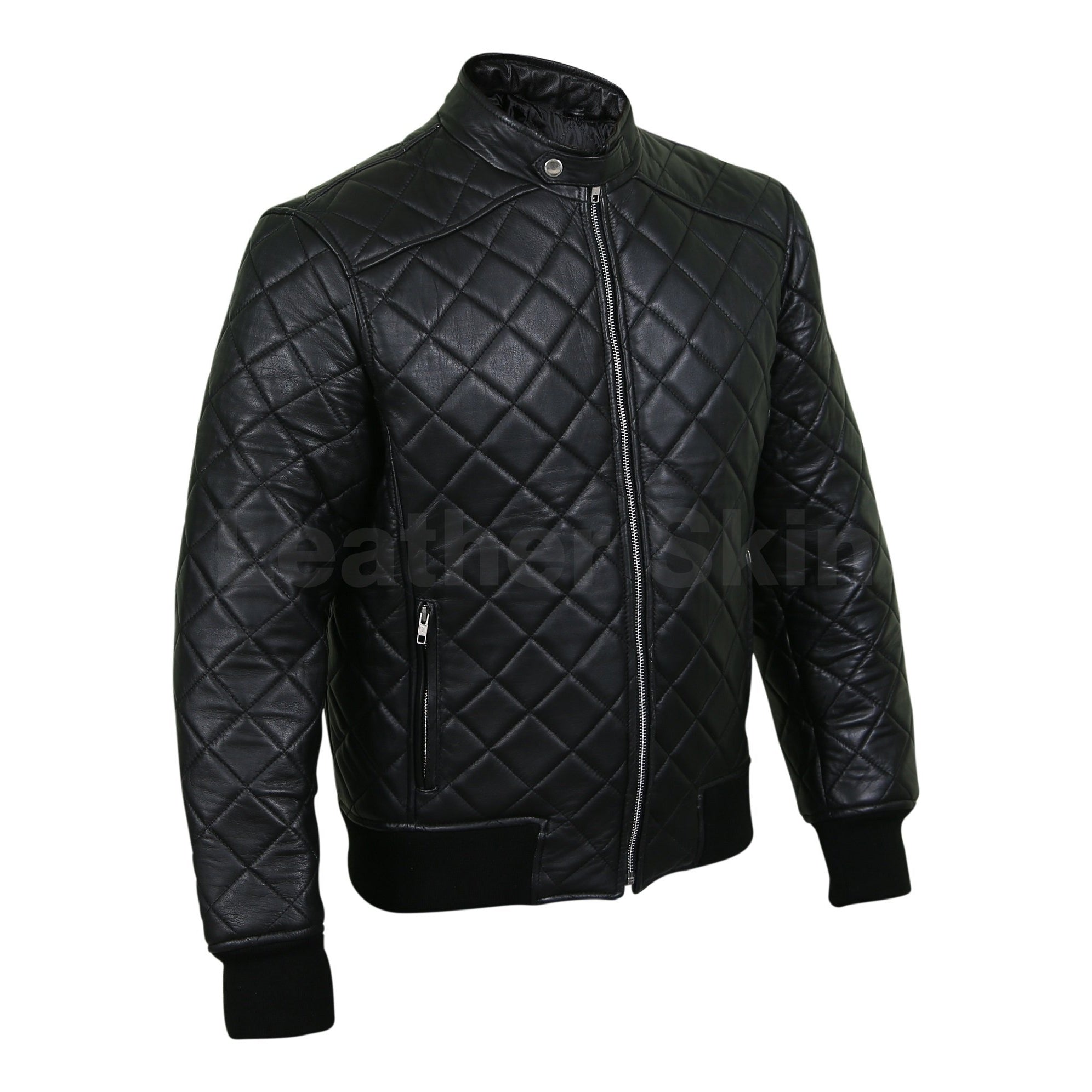 Leather Skin Men Black Diamond Quilted Genuine Leather Jacket