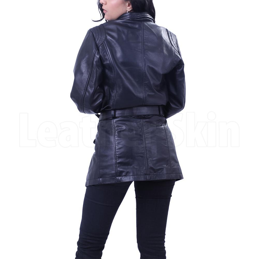 Leather Skin Women Black Belted Fashion Premium Genuine Leather Coat