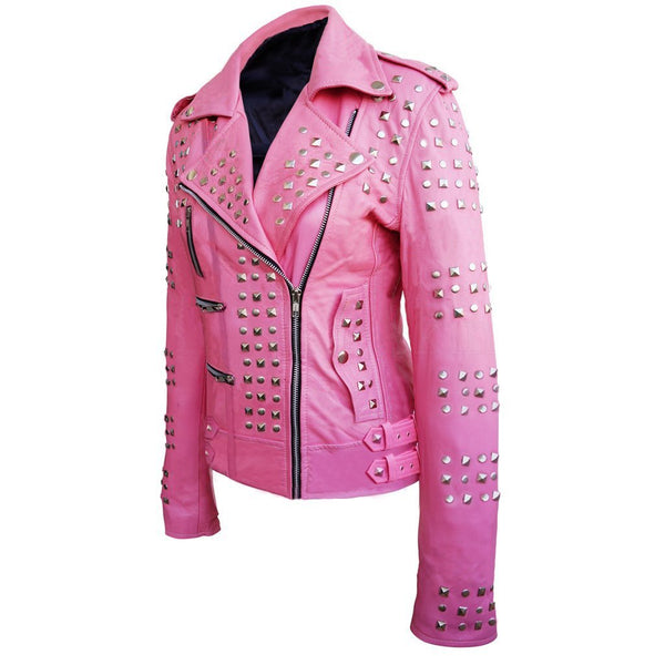 Women Pink Studded Genuine Leather Jacket - Leather Skin Shop