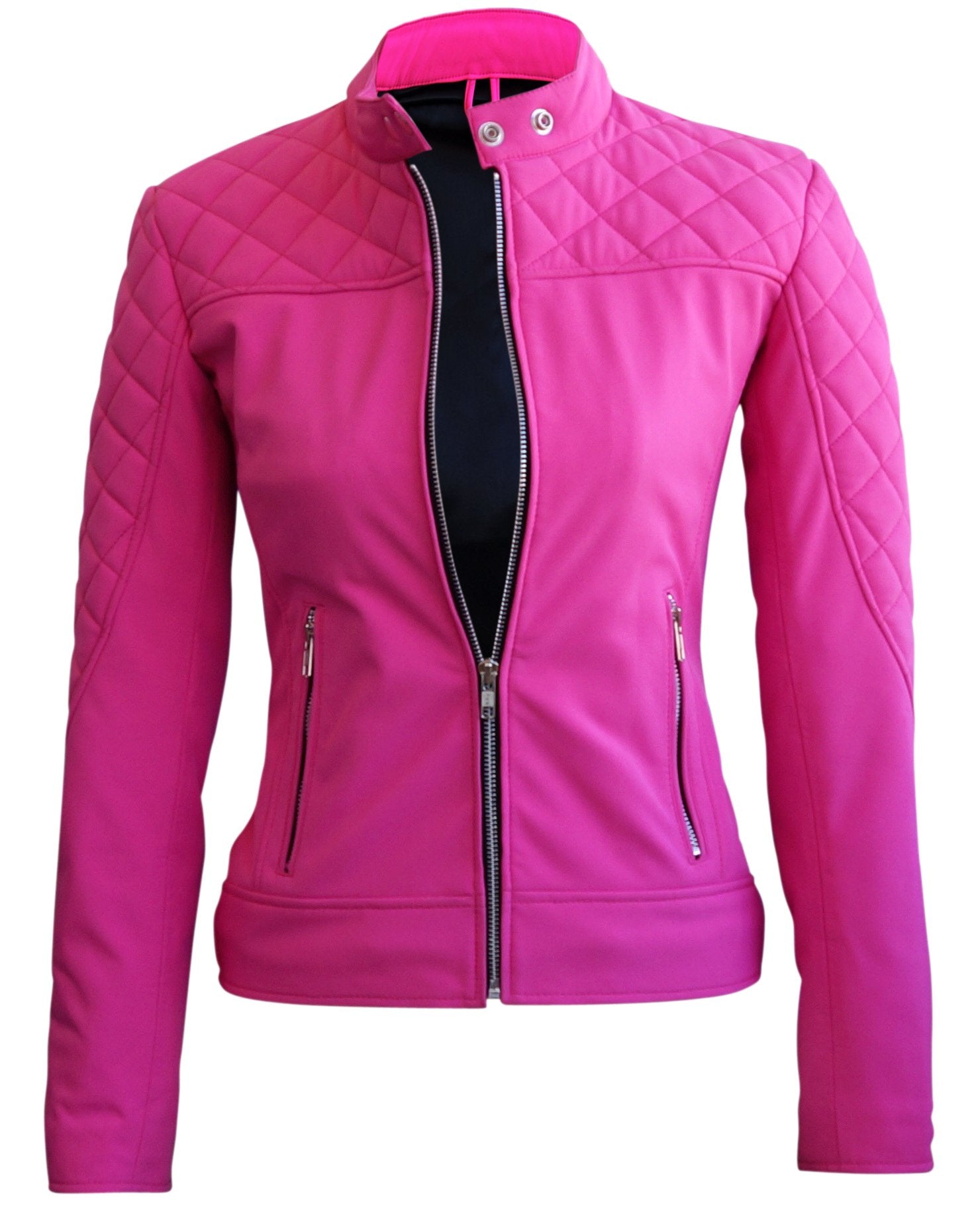 Women Pink Softshell Quilted Jacket with Black Lining - Leather Skin Shop