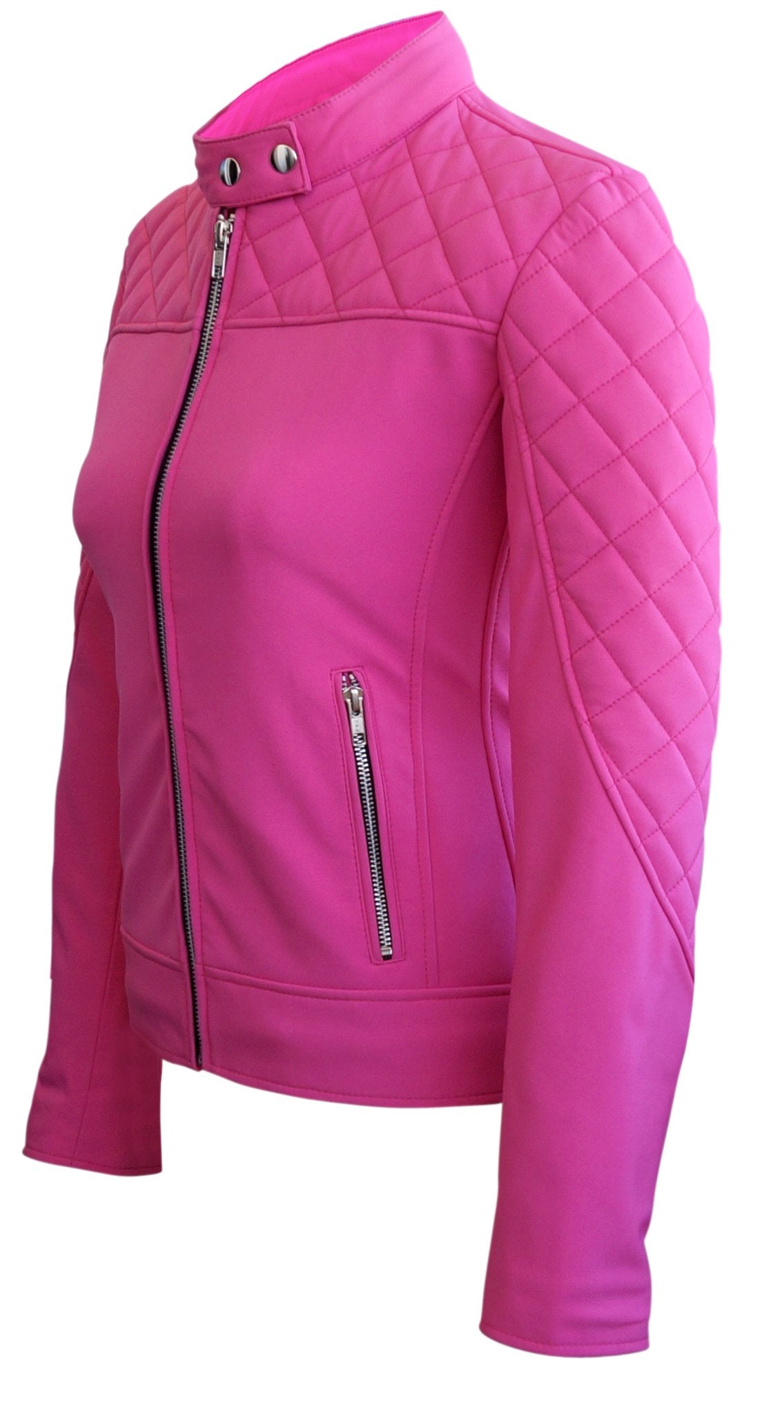 Women Pink Softshell Quilted Jacket with Black Lining - Leather Skin Shop