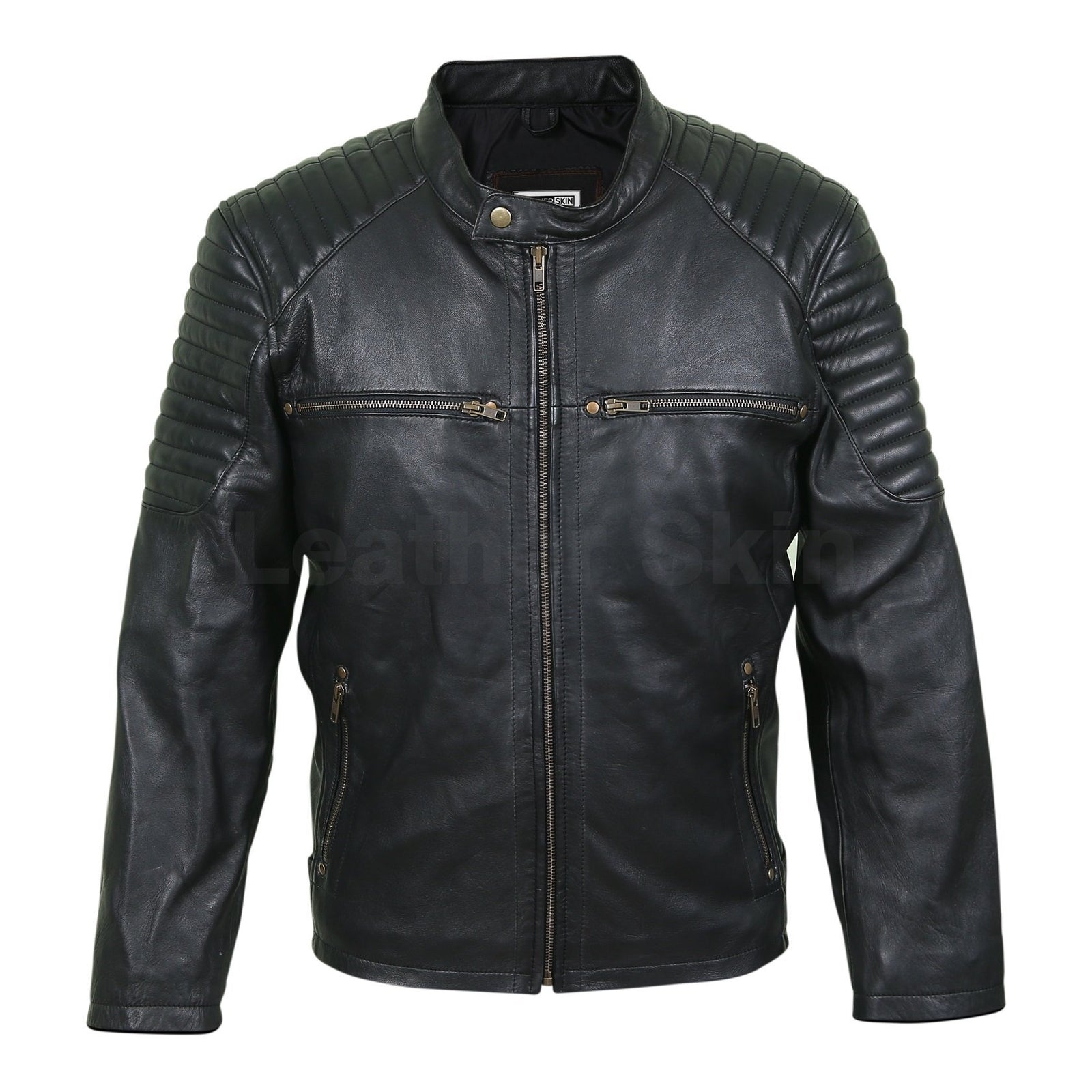 Men Red Genuine Leather Jacket with Black Diamond Quilted