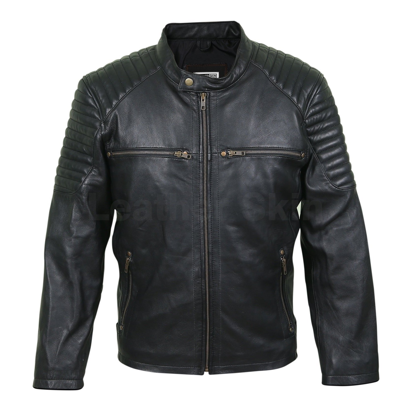 Men Antique Zippers Black Leather Jacket with Padded Shoulders ...