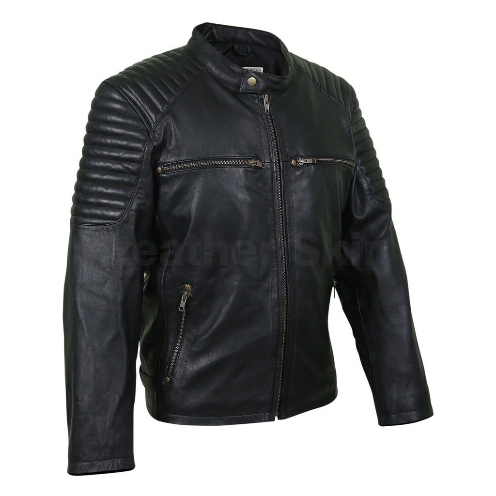 Men Antique Zippers Black Leather Jacket with Padded Shoulders ...