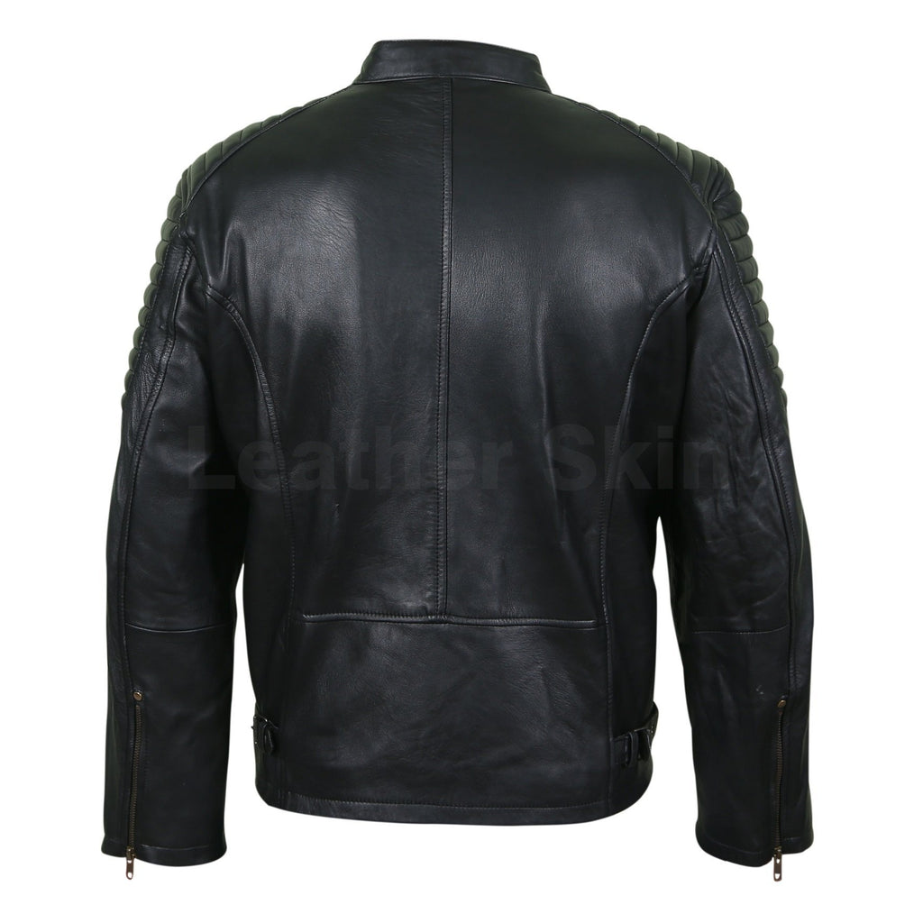 Men Antique Zippers Black Leather Jacket with Padded Shoulders ...