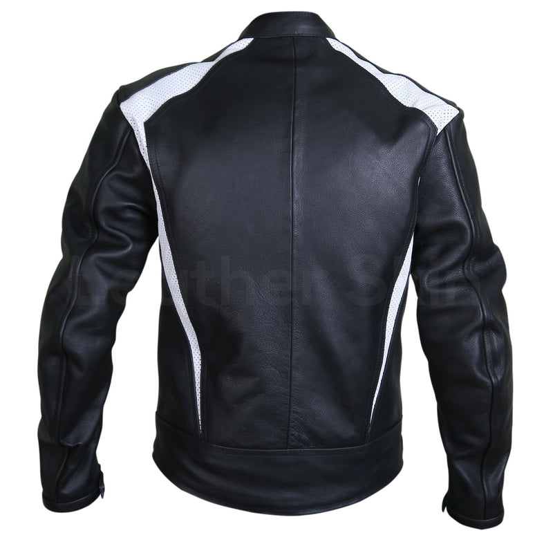 Men Black Biker Motorcycle Leather Jacket with White Perforated Stripe ...