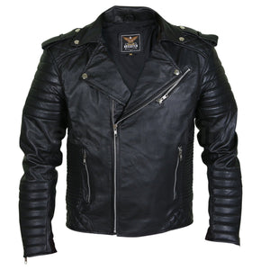 Men Black Brando Motorcycle Leather Jacket with shoulder epaulets and ...