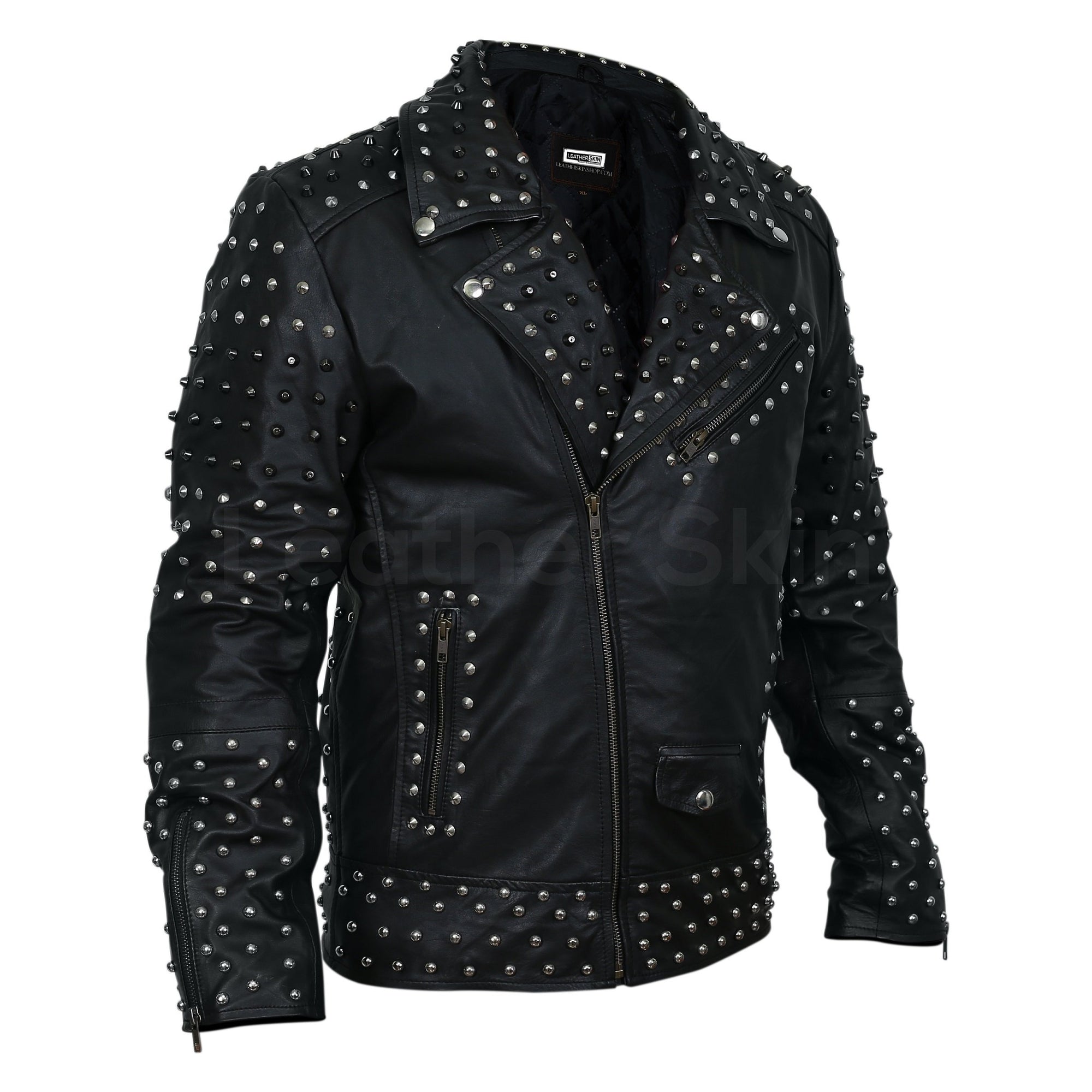 Men Black Cone Spike and Roundhead Studs Leather Jacket - Leather Skin Shop