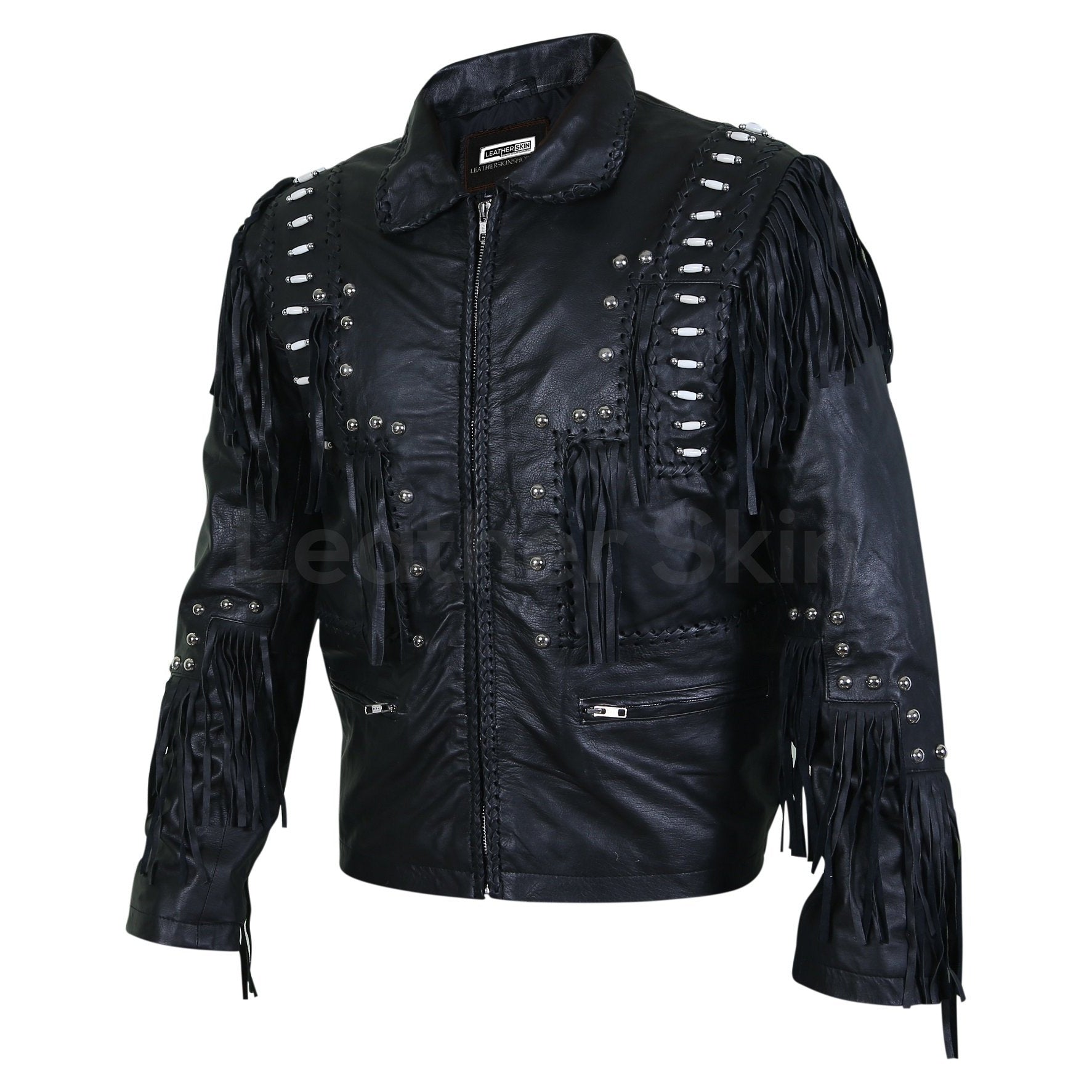 Men Black Fringes White Beads Leather Jacket with Round Studs - Leather ...