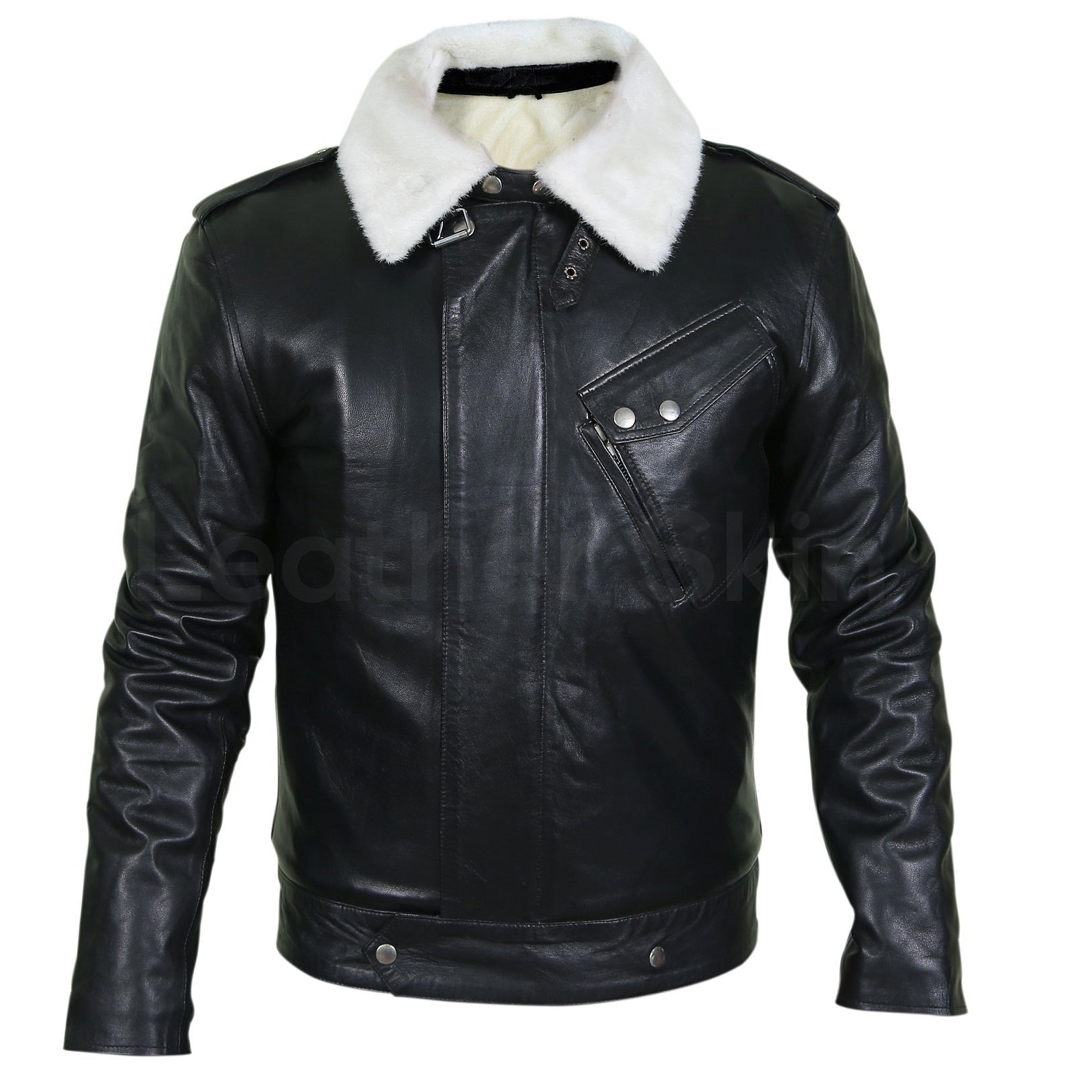 Men Black Genuine Leather Jacket with White Fur Collar - Leather Skin Shop