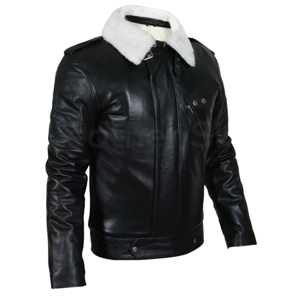 Men Black Genuine Leather Jacket with White Fur Collar - Leather Skin Shop
