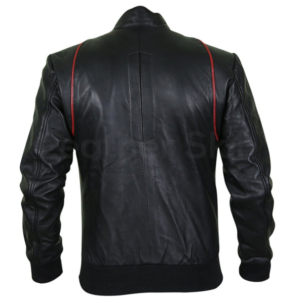 Men Black Genuine Leather jacket with Red Stripe Design - Leather Skin Shop