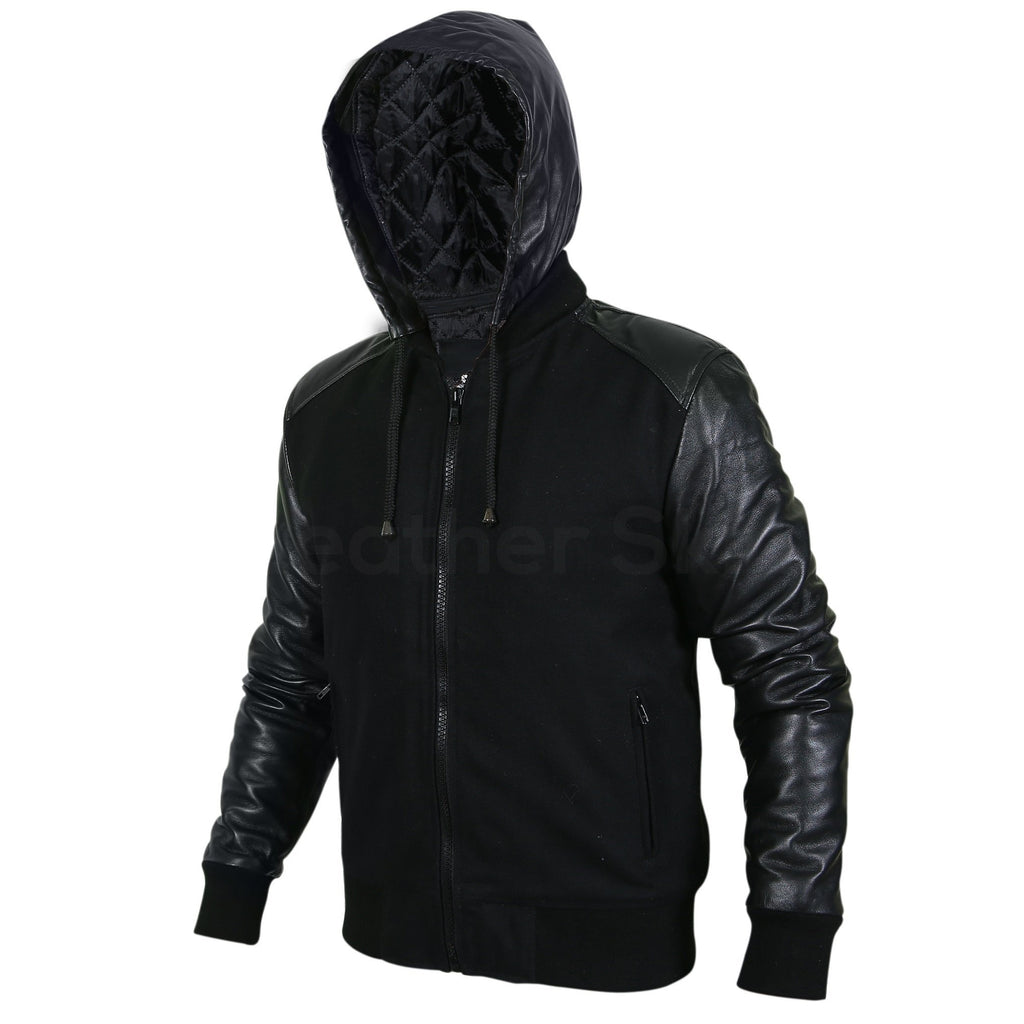 Men Black Hooded Jacket with Leather Sleeves - Leather Skin Shop