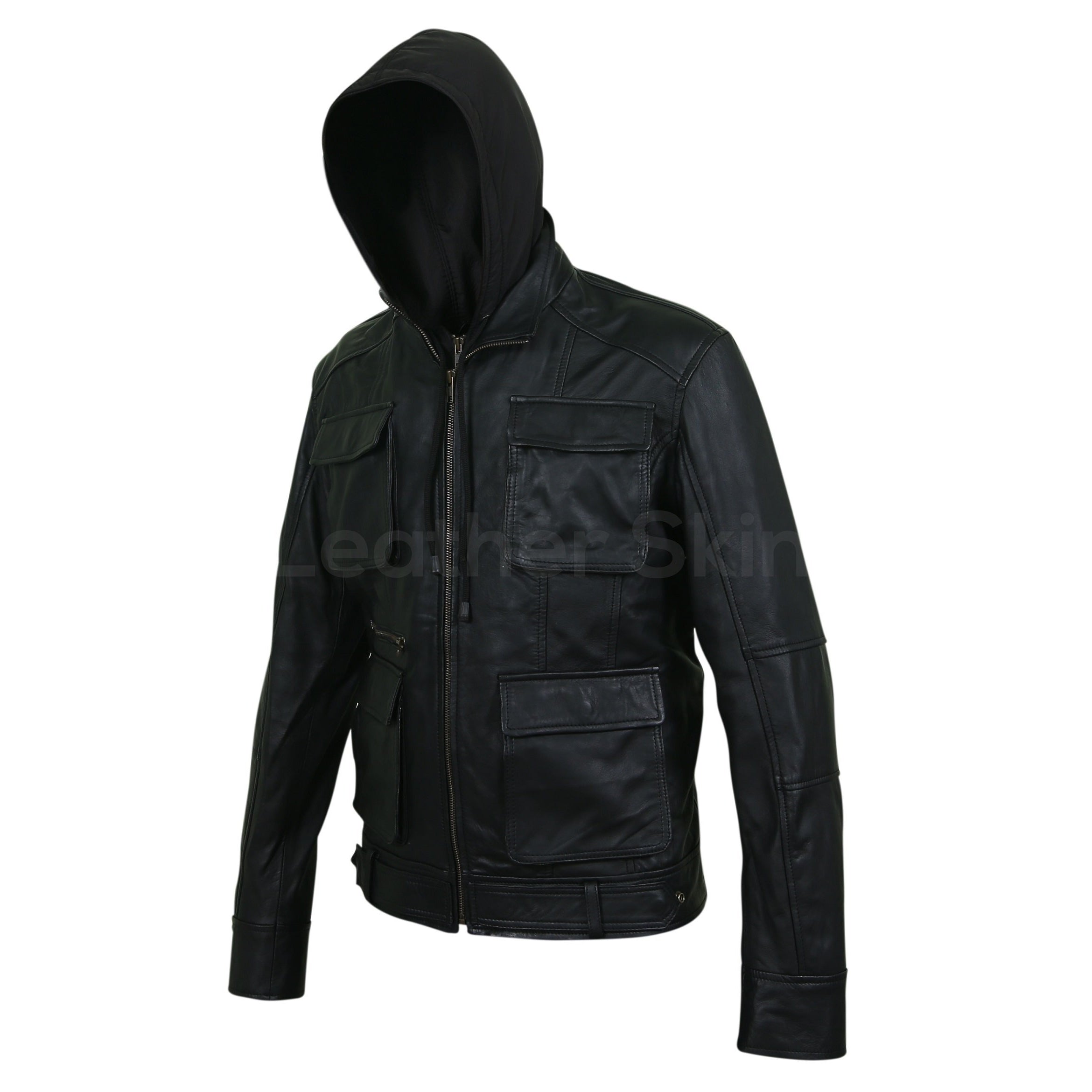 Leather Skin Men Black Fashion Hooded Premium Genuine Leather Jacket