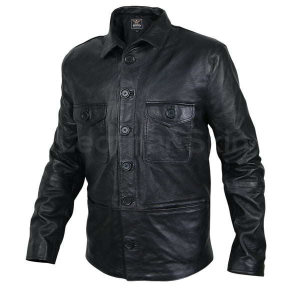 Men Black Leather Coat with button closure chest pockets and front ...