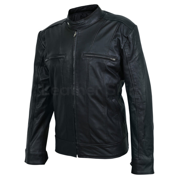 Men Black Leather Jacket with Vertical Stitching on Front - Leather ...