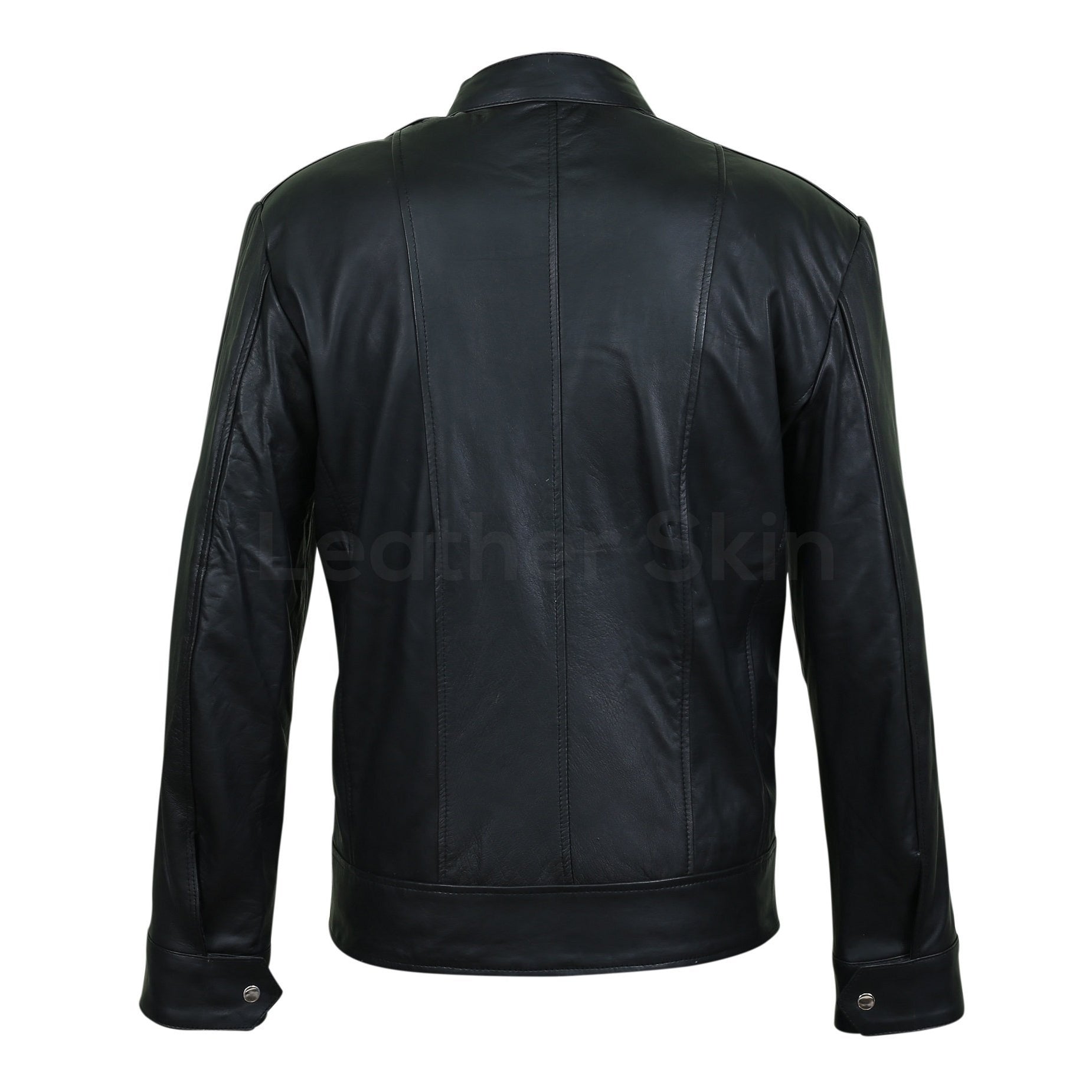 Men Black Leather Jacket with Vertical Stitching on Front - Leather ...