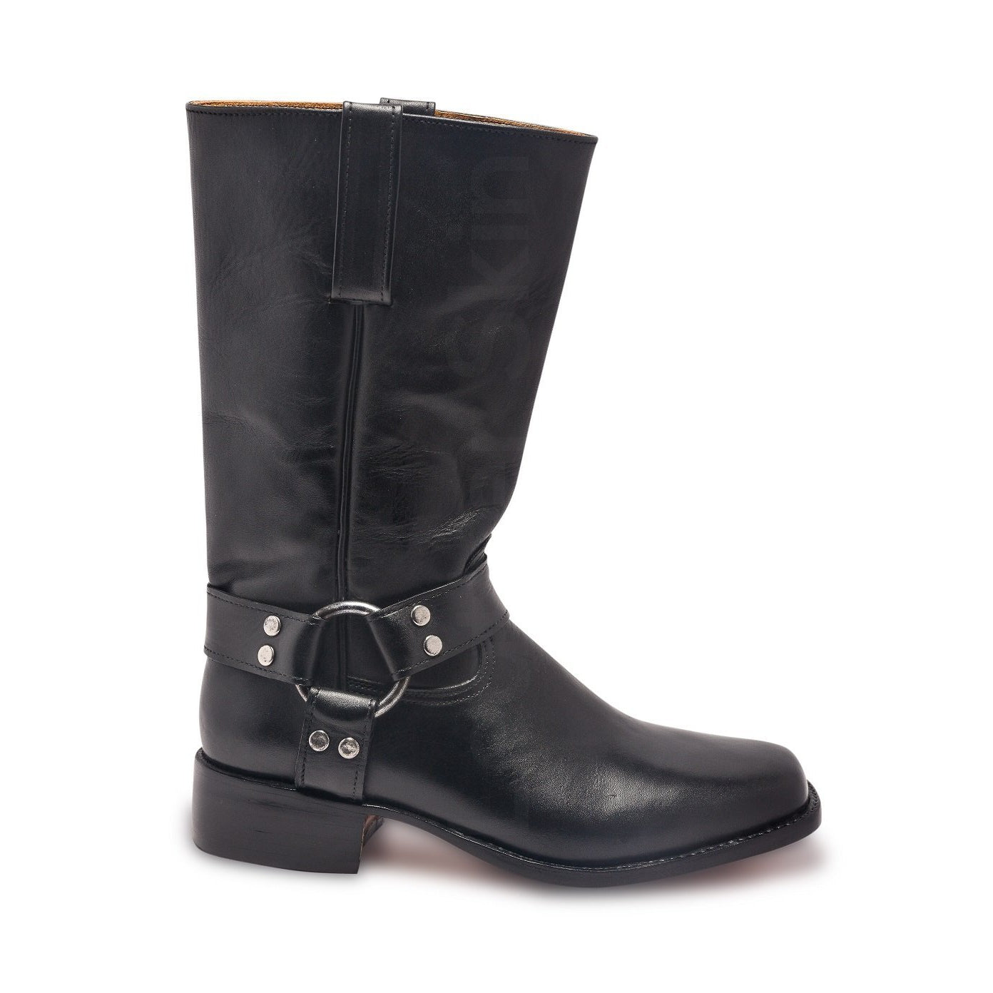 Men Black Leather Motorcycle Boots with Metal Hoops - Leather Skin Shop