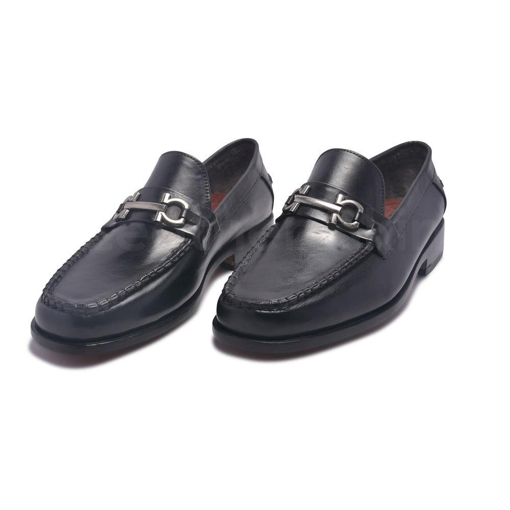 Men Black Loafer Slip-On Genuine Leather Shoes with Metal On Strap ...