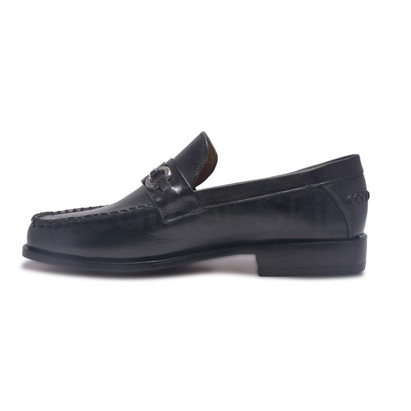 Men Black Loafer Slip-On Genuine Leather Shoes with Metal On Strap ...