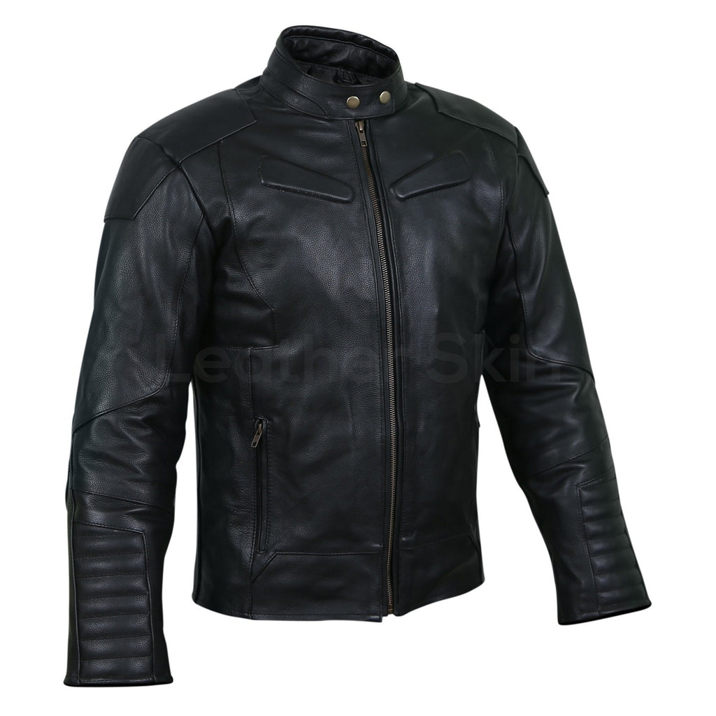 Men Black Motorcycle Biker Sleeve Padded Genuine Leather Jacket ...