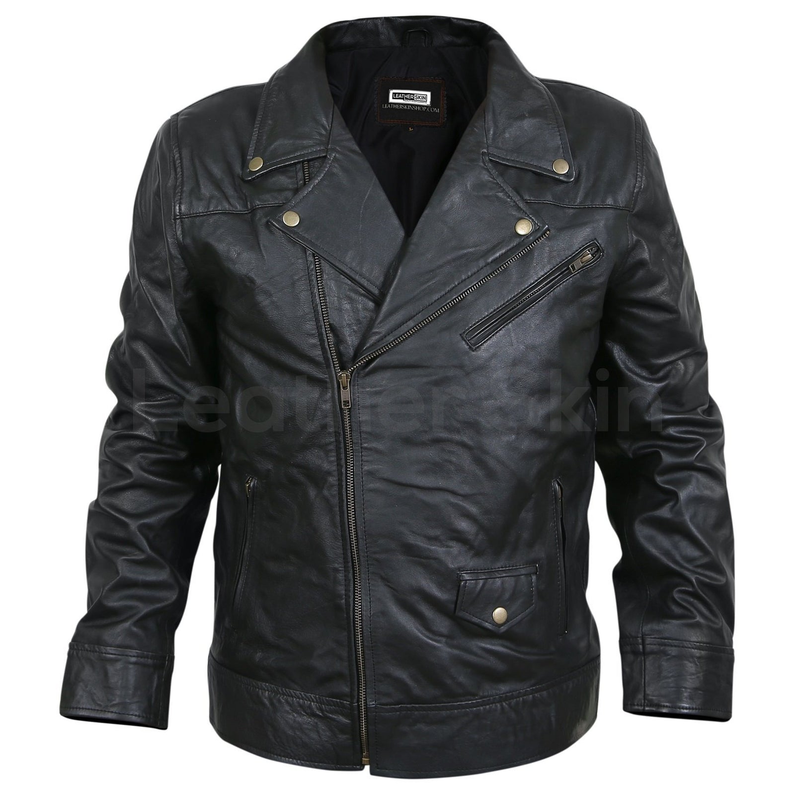 Mens Black Leather Jacket - Studded Spiked Studs Punk Asymmetrical