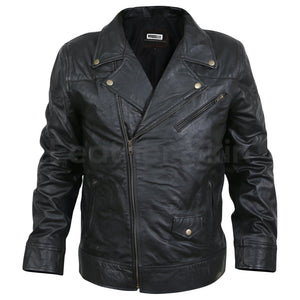 Men Black Motorcycle Genuine Leather Jacket with Antique Zippers ...
