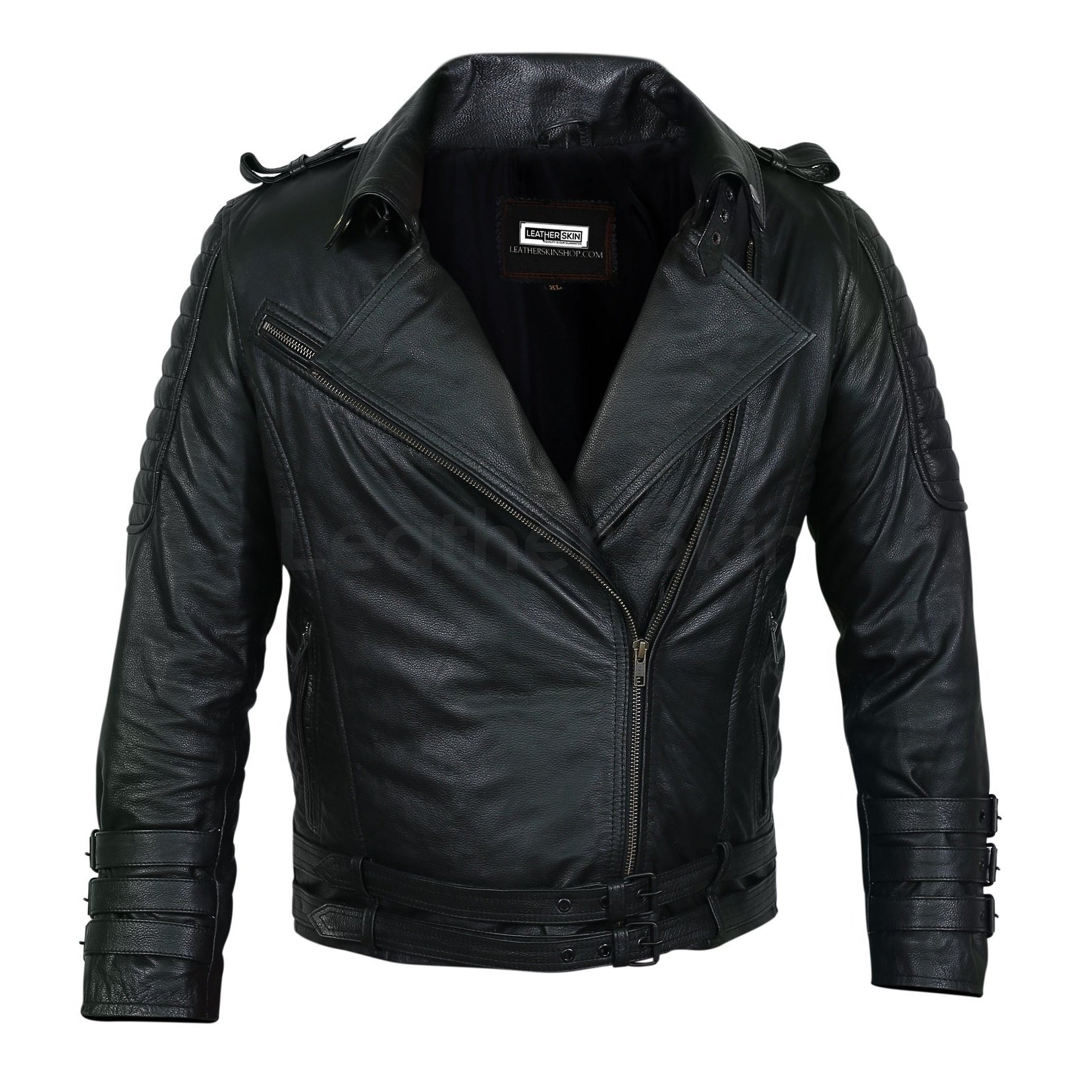 Men Black Brando Motorcycle Leather Jacket with shoulder epaulets