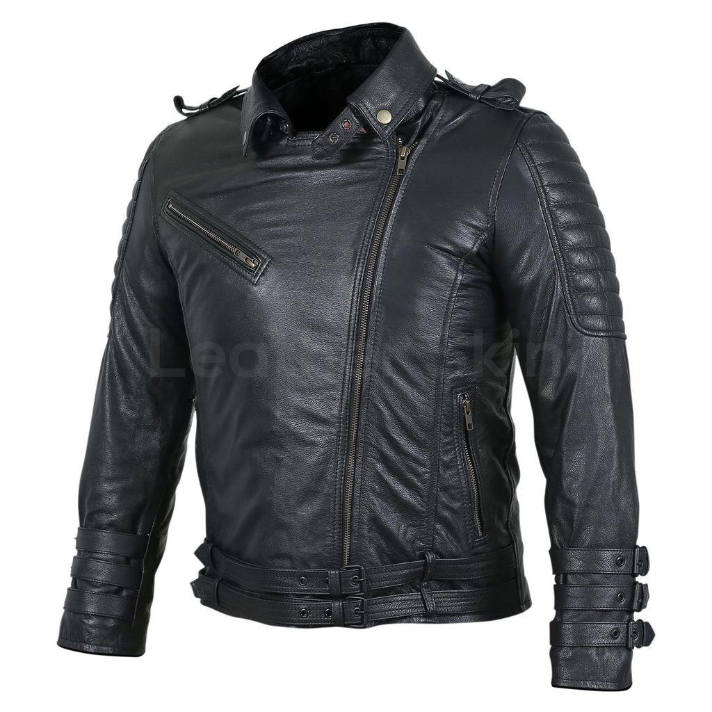 Men Black Motorcycle Leather Jacket with Two Belts and Three Sleeve St ...