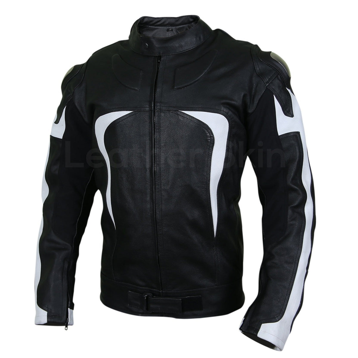 Men Black Motorcycle Leather Jacket with White Stripe Panels - Leather ...