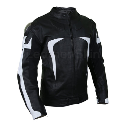 Men Black Motorcycle Leather Jacket with White Stripe Panels - Leather ...