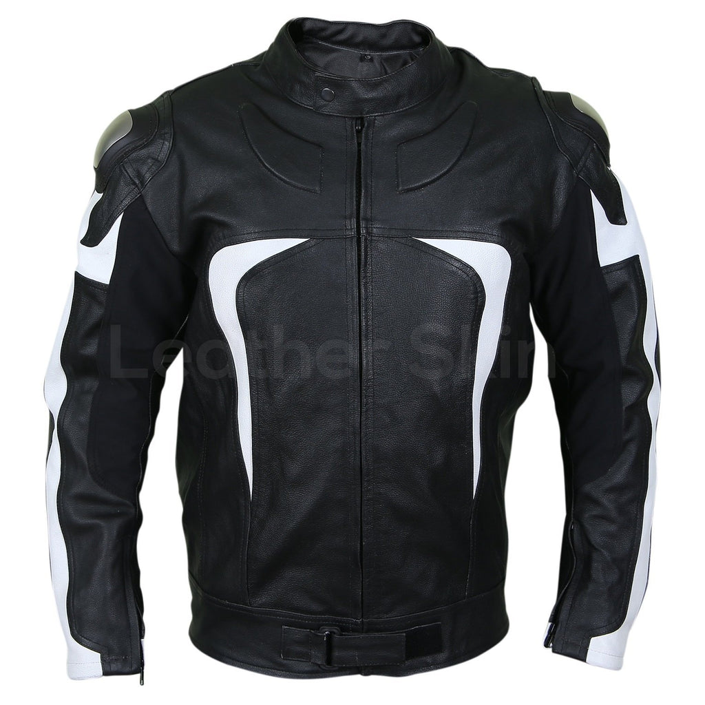 Men Black Motorcycle Leather Jacket with White Stripe Panels - Leather ...
