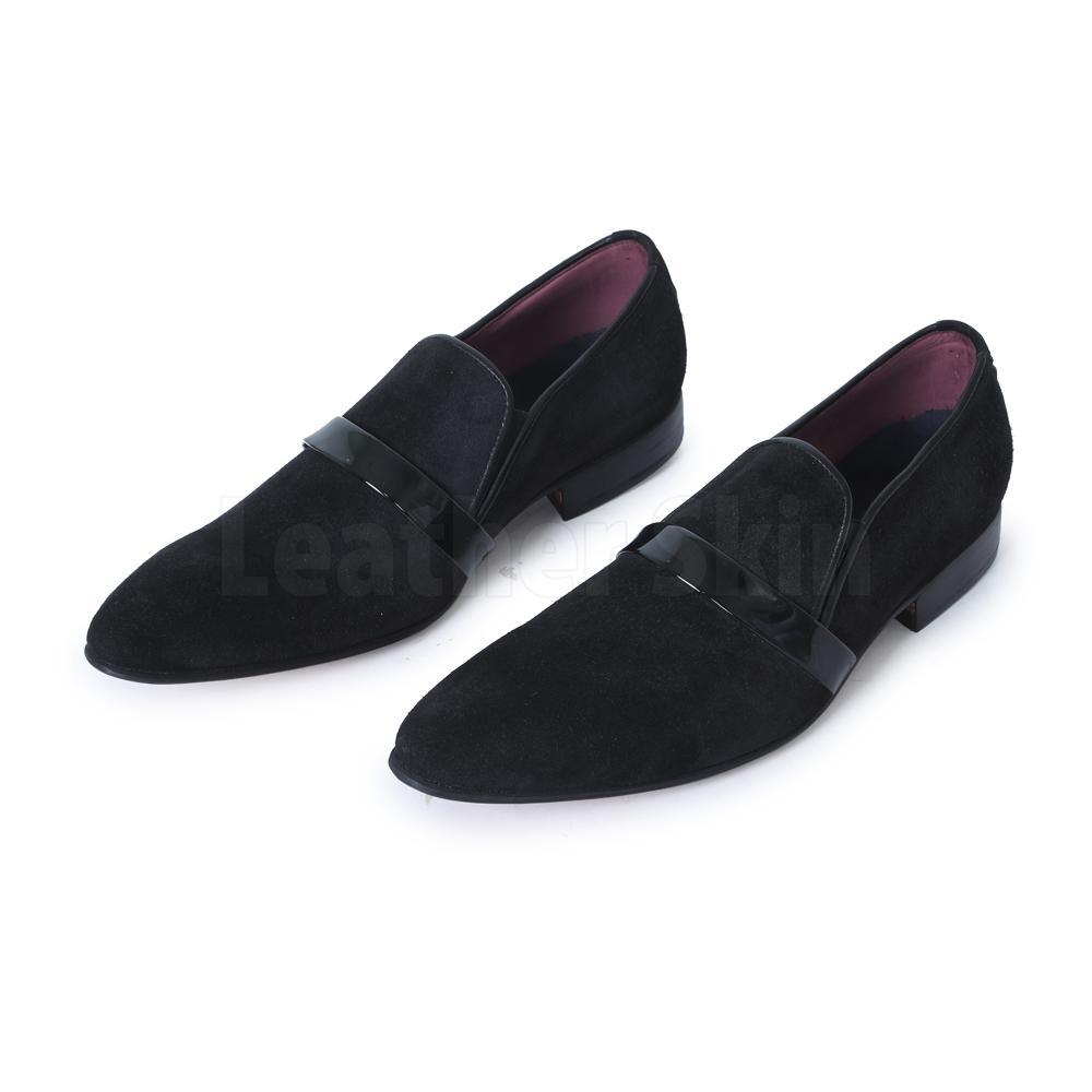 Men Black Penny Loafer Pointed toe Suede Leather Shoes - Leather Skin Shop