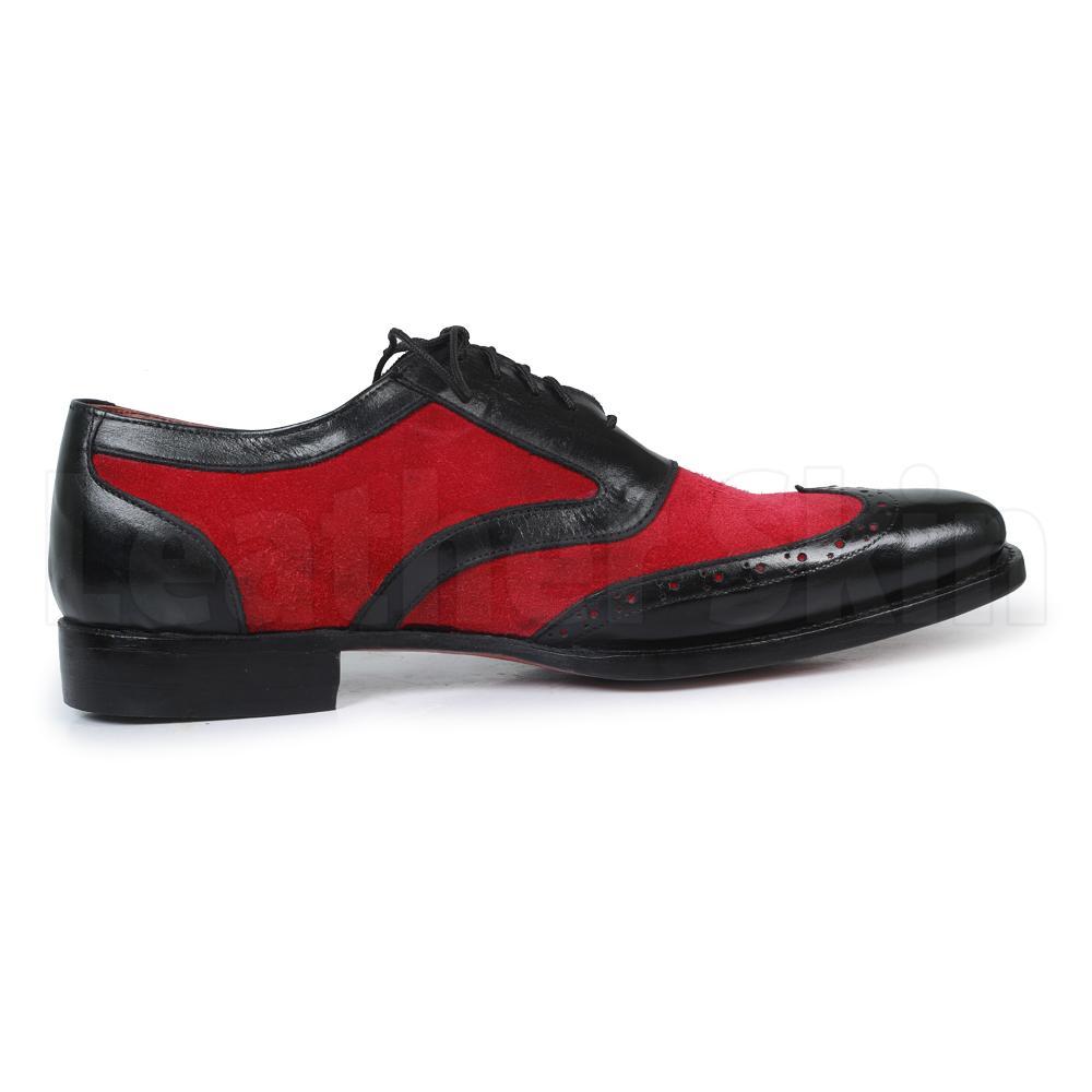 Men Black Red Oxford Brogue Wingtip Suede & Genuine Leather Shoes ...