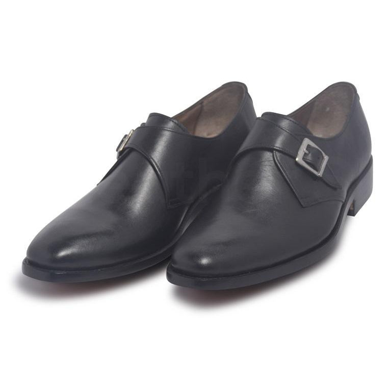 Men Black Single Monk Strap Genuine Leather Shoes - Leather Skin Shop