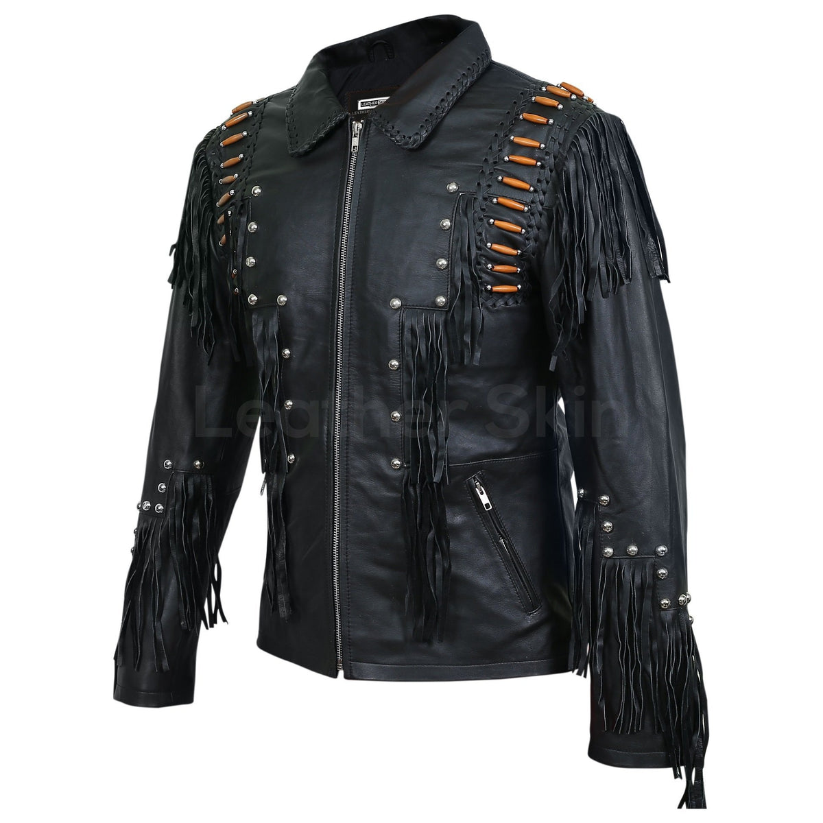 Men Black Western Fringes with Roundhead studs and brown beads ...