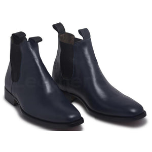 Men Blue Chelsea Pull On Genuine Leather Boots - Leather Skin Shop