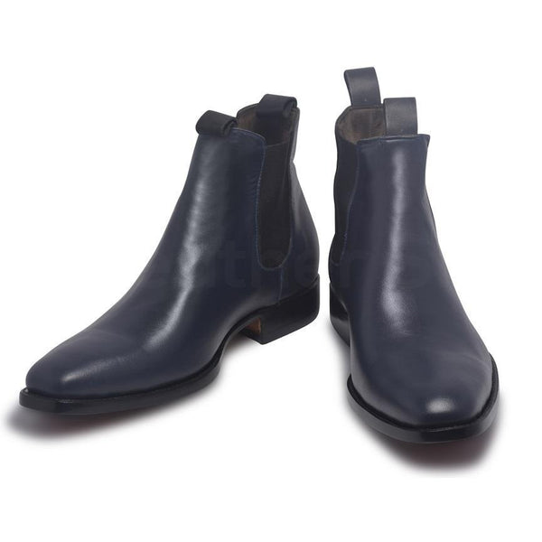 Men Blue Chelsea Pull On Genuine Leather Boots - Leather Skin Shop