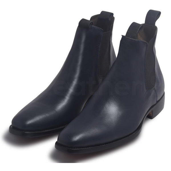 Men Blue Chelsea Pull On Genuine Leather Boots - Leather Skin Shop